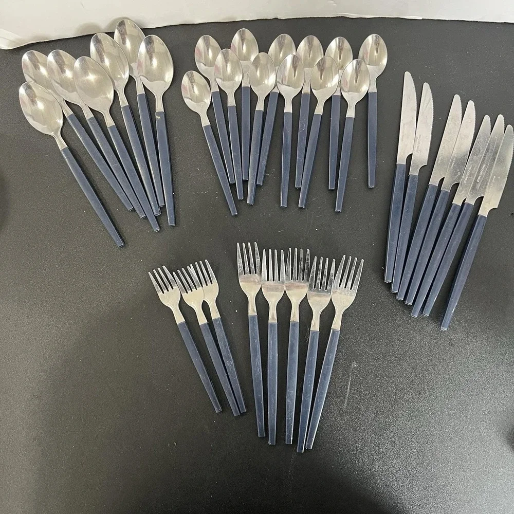 37pc Navy Blue Tapered Handle Flatware Set Stainless Steel MCM Style Silverware